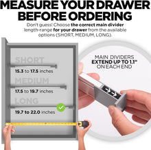 Load image into Gallery viewer, Adjustable Drawer Organizer | Elegant Aluminum, Customizable, for Clutter-Free Kitchen, Junk Drawer, Office, Clinic | 18 Drawer Dividers (6 Long + 12 Short) LARGE |19.7 - 22 inches | UPGRADED VERSION