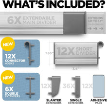 Load image into Gallery viewer, Adjustable Drawer Organizer | Elegant Aluminum, Customizable, for Clutter-Free Kitchen, Junk Drawer, Office, Clinic | 18 Drawer Dividers (6 Long + 12 Short) LARGE |19.7 - 22 inches | UPGRADED VERSION