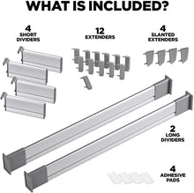 Load image into Gallery viewer, Adjustable Drawer Organizer | Elegant Aluminum, Customizable, for Clutter-Free Kitchen, Junk Drawer, Office, Clinic | 6 Drawer Dividers (2 Long + 4 Short)  Medium 17.5 - 19.7 inches