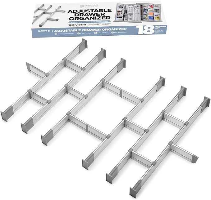 Adjustable Drawer Organizer | Elegant Aluminum, Customizable, for Clutter-Free Kitchen, Junk Drawer, Office, Clinic | 18 Drawer Dividers (6 Long + 12 Short) SMALL |15.3 - 17.5 inches | UPGRADED VERSION