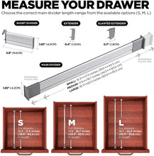Load image into Gallery viewer, Adjustable Drawer Organizer | Elegant Aluminum, Customizable, for Clutter-Free Kitchen, Junk Drawer, Office, Clinic | 9 Drawer Dividers (3 Long + 6 Short)  Small 15.3 - 17.5 inches
