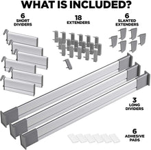 Load image into Gallery viewer, Adjustable Drawer Organizer | Elegant Aluminum, Customizable, for Clutter-Free Kitchen, Junk Drawer, Office, Clinic | 9 Drawer Dividers (3 Long + 6 Short)  Large 19.7 - 22 inches
